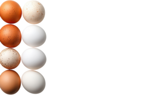 Various types of eggs displayed together on a light background showcasing natural colors and textures in a simple arrangement png