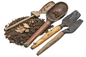 Garden tools and soil arranged on a surface, showcasing various hand shovels and a trowel in a work environment png