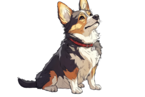 Corgi sitting and looking up with a curious expression in a bright and cheerful setting png