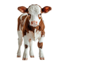 Cute brown and white calf standing on a plain background with curious expression png
