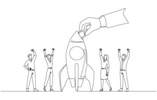 Continuous one line drawing of businessman's hand inserting coin into rocket of startup team, funding startup company concept, single line art vector