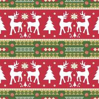 Seamless Pattern of fabric Christmas Ornaments. Reindeer with Xmas tree, snowflakes. Red, Green, Gold Color. Wallpaper. vector