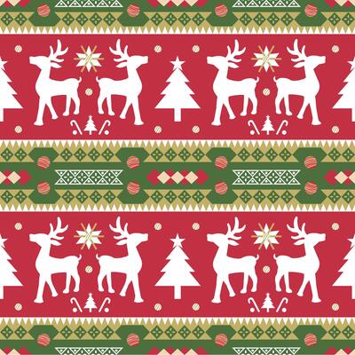 Seamless Pattern of fabric Christmas Ornaments. Reindeer with Xmas tree, snowflakes. Red, Green, Gold Color. Wallpaper.