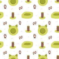 Cat accessories seamless pattern, pet bed, paws and scratching post pattern vector