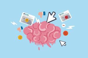 Brain rot toxic social media addiction causing depression, anxiety and negative harmful mind, online overwhelmed, cyber bullying or doomscrolling concept, human brain rot with toxic social media. vector