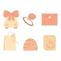 Pastel colored clipart, festive clipart, car with bow, envelope, cake, diamond, tied bow. Illustrations vector