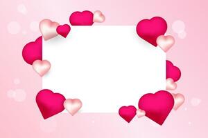 A decorative Valentine-themed design with a rectangular white frame surrounded by pink and red hearts of various sizes, set on a soft pink background with bokeh effects. vector