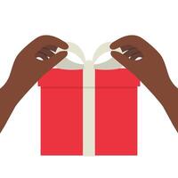 Hands tying a white bow on a red gift box vector