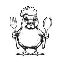 Cute chicken holding spoon and fork cartoon stock image isolated on white background. vector