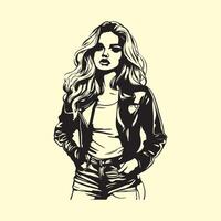 Portrait of a stylish woman in leather jacket and jeans image isolated on white background vector