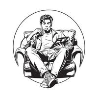 Handsome young man reading a book while sitting in an armchair at home stock image on white background vector