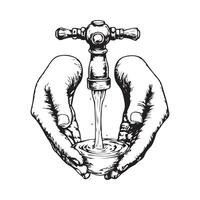 Black and white Hands cupped under a rustic water tap crystalclear water streaming into their palms image vector