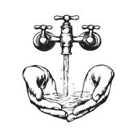 Hands cupped under a rustic water tap crystalclear water streaming into their palms image vector