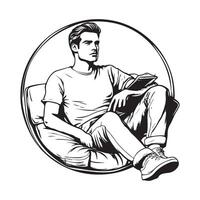 Handsome young man reading a book while sitting in an armchair at home stock image on white background vector