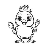 Cute chicken holding spoon and fork cartoon stock image isolated on white background. vector