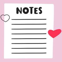 Notes for romantics. Empty template. Hand drawn design. Illustration on pink background. vector