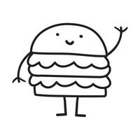Burger. Smiling cute character. Fast food. Outline illustration on white background. vector