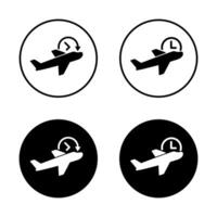 Flight schedule time icon set on black circle. Airplane take off clock sign symbol vector