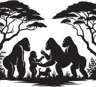 Majestic family of gorillas interacting with each other silhouette with trees in the background on white background vector