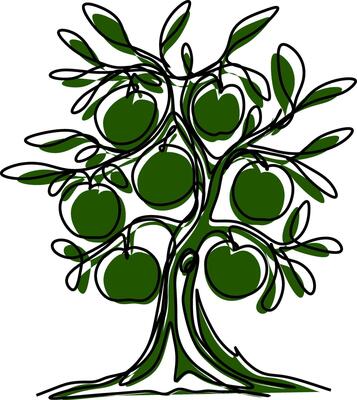 Illustration of a tree with a black outline and green splash