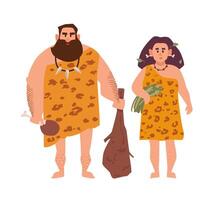 Pair of primitive archaic man and woman dressed in fur clothes and standing together. Romantic couple from Stone Age, cavemen. Cartoon characters isolated on white background. illustration vector