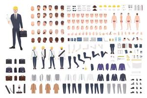 Architect or engineer constructor or DIY kit. Collection of male cartoon character body parts, facial expressions, gestures, clothes, working tools isolated on white background. illustration. vector