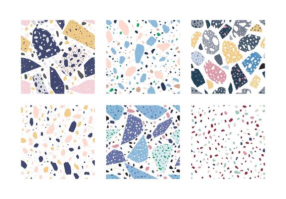 Collection of terrazzo geometric textures. Bundle of seamless patterns with colorful splinters or sprinkles on white background. Creative illustration for backdrop, textile print, flooring