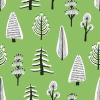 Seamless pattern with different hand drawn winter trees covered by snow on green background. Backdrop with cartoon snowy woodland. illustration in doodle style for wallpaper, fabric print vector