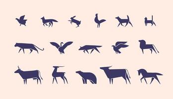 Collection of silhouettes or shapes of wild and domestic animals and birds isolated on light background, side view. Modern monochrome illustration for logotype in trendy geometric style vector