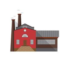 Old-fashioned manufacturing building with entrance door and pipes emitting gas isolated on white background. Facade of factory of industrial architecture. Cartoon illustration in flat style vector