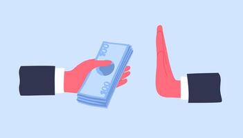 Hands giving money banknotes or offering bribe and refusing to take it. Concept of struggle against bribery and prevention of corruption. Cartoon colorful illustration in modern flat style vector