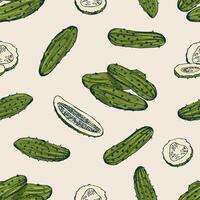 Seamless pattern with pickles or pickled cucumbers. Backdrop with marinated vegetable, delicious vegetarian snack. Hand drawn realistic illustration for fabric print, wrapping paper, wallpaper. vector