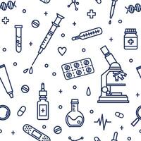Seamless pattern with medical lab equipment. Backdrop with attributes of medicine, pharmaceutics, cure and treatment drawn with contour lines on white background. illustration in lineart style. vector