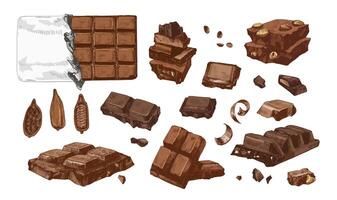 Bundle of colored drawings of whole and broken into pieces chocolate bars and cocoa beans. Tasty sweet dessert or confection hand drawn on white background. illustration in vintage style vector