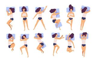 Collection of young woman sleeping in bed in various poses. Set of female cartoon character lying in different postures during night slumber. Top view. Colorful illustration in flat style vector