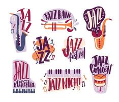 Bundle of jazz music inscriptions handwritten with elegant font and decorated with various musical instruments isolated on white background - piano, drums, saxophone, trumpet. illustration vector