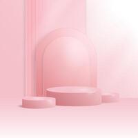 Luxury geometric podium stage with arch on background mockup with overlay effect of falling light.Minimalist mockup pedestal,Pink showcase.Abstract product display presentation. 3d illustration vector