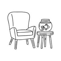Doodle illustration of a goldfish swimming in a glass bowl placed on a table armchair vector