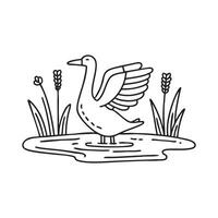Doodle illustration of tall grass at a calm pond with a goose spreading its wings vector