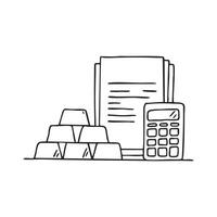 Doodle illustration of a gold bar next to a stack of financial documents and a calculator on a desk vector