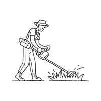 Doodle illustration of a gardener trimming a lawn using a grass cutter vector