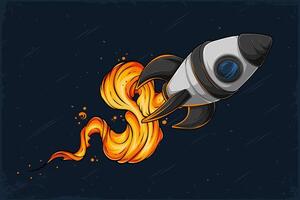 Hand drawn astronomic space rocket unleashing fire in outer space full with comets and asteroids vector