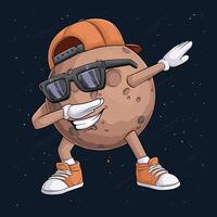 Hand drawn Pluto planet character wearing brown cap, sunglasses doing dab dance move, dabbing Pluto vector
