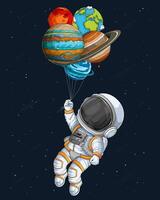 Hand drawn astronaut spaceman wearing space suit holding planets like balloons in outer space vector