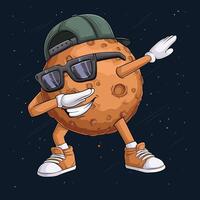 Hand drawn mercury planet character wearing green cap, sunglasses doing dab dance, dabbing mercury vector