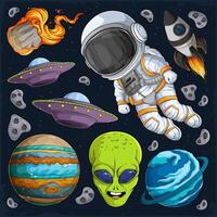 Hand drawn set of astronomic collection, alien, planets, astronaut suit, space rocket in outer space vector