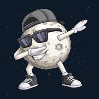 Hand drawn Moon character wearing grey cap, sunglasses doing dab dance, bright dabbing moon gesture vector