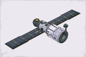 Hand drawn space artificial satellite for scientific research, broadcasting, GPS weather forecasting vector