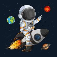 Hand drawn astronaut wearing space suit riding a space rocket on fire among planets in outer space vector
