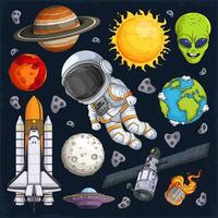 Hand drawn set of astronomic collection, alien, planets, astronaut suit, space rocket, satellite vector